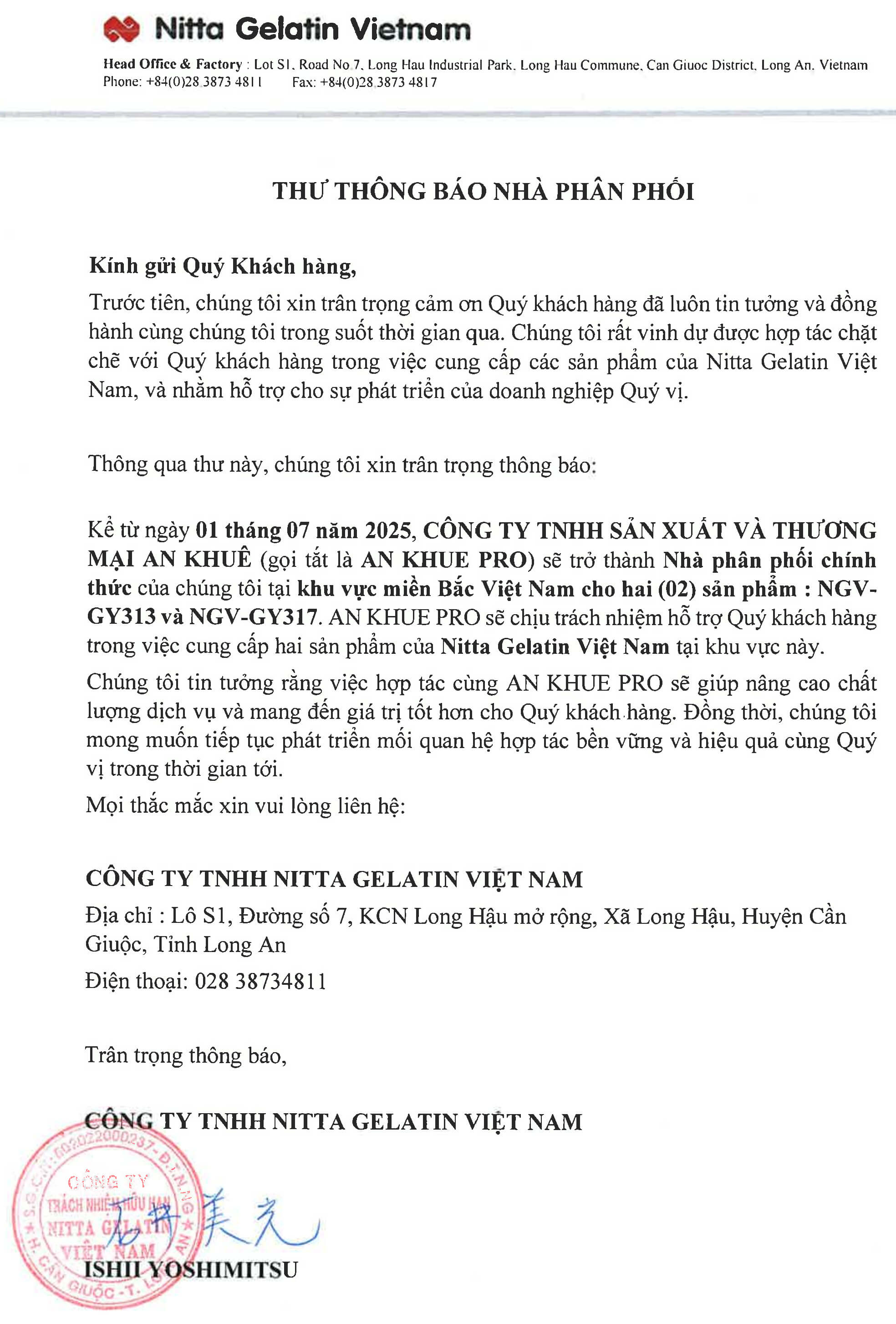 Thư thông báo của Nitta Gelatin Việt Nam cho An Khuê là Nhà phân phối độc quyền ở miền Bắc từ 01/07/2025